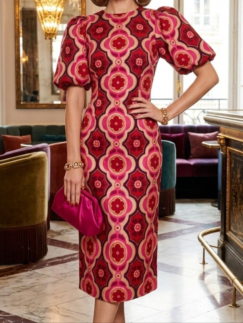 Ann Taylor Fuchsia and Red Geometric Puff-Sleeve Midi Dress